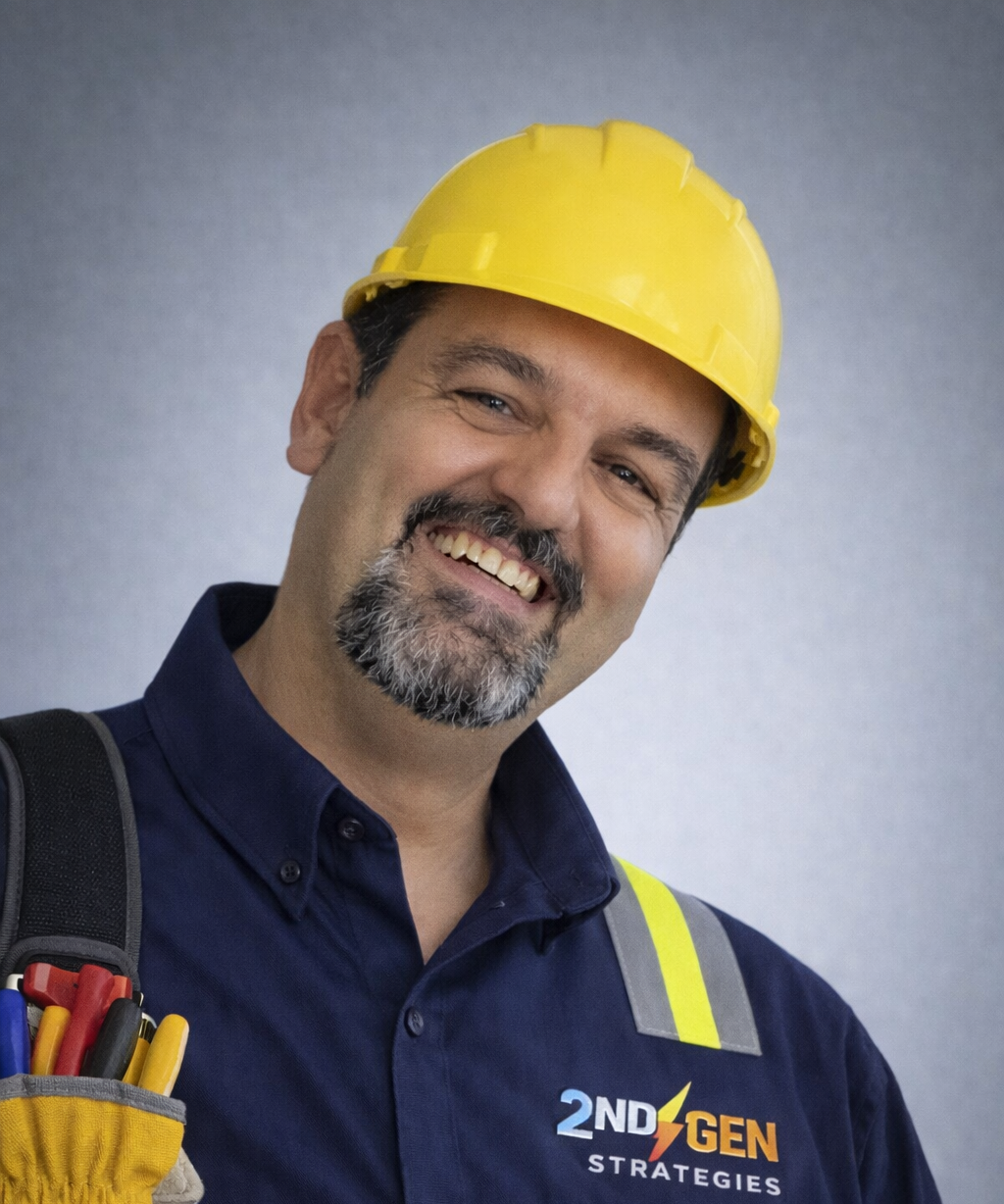 Aaron Myslinski in a hard hat with 2nd Gen Strategies work gear